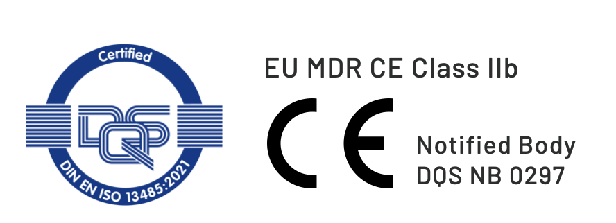 Certification label with EU MDR CE Class IIb marking, ISO certification, and notified body information.