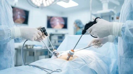 Surgeons performing a minimally invasive surgery with tools in an operating room.