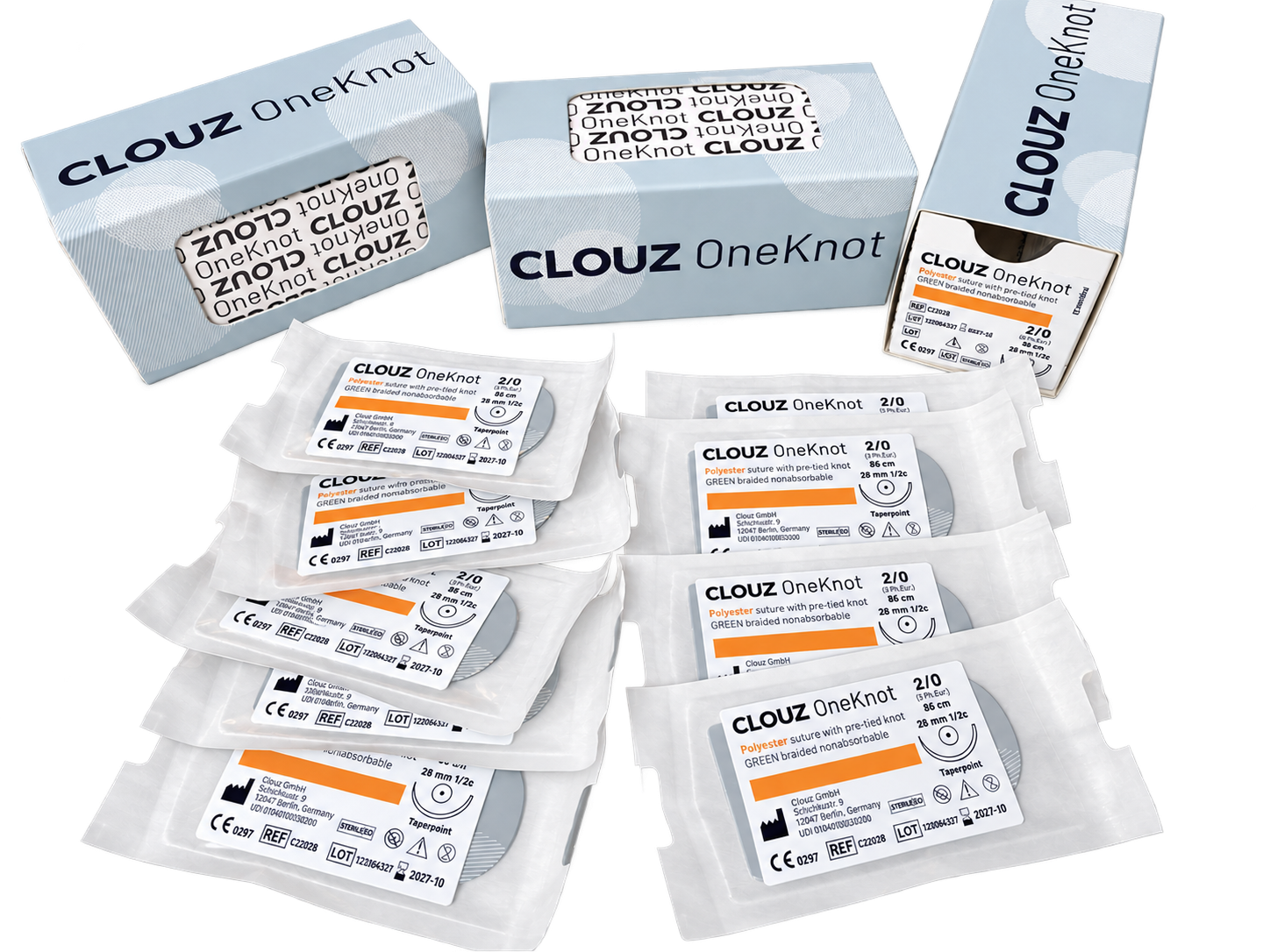 Collection of boxes and individual blister packs of Clouz OneKnot polyester suture with pre-tied knot, in original packaging and opened packages, on a white background.