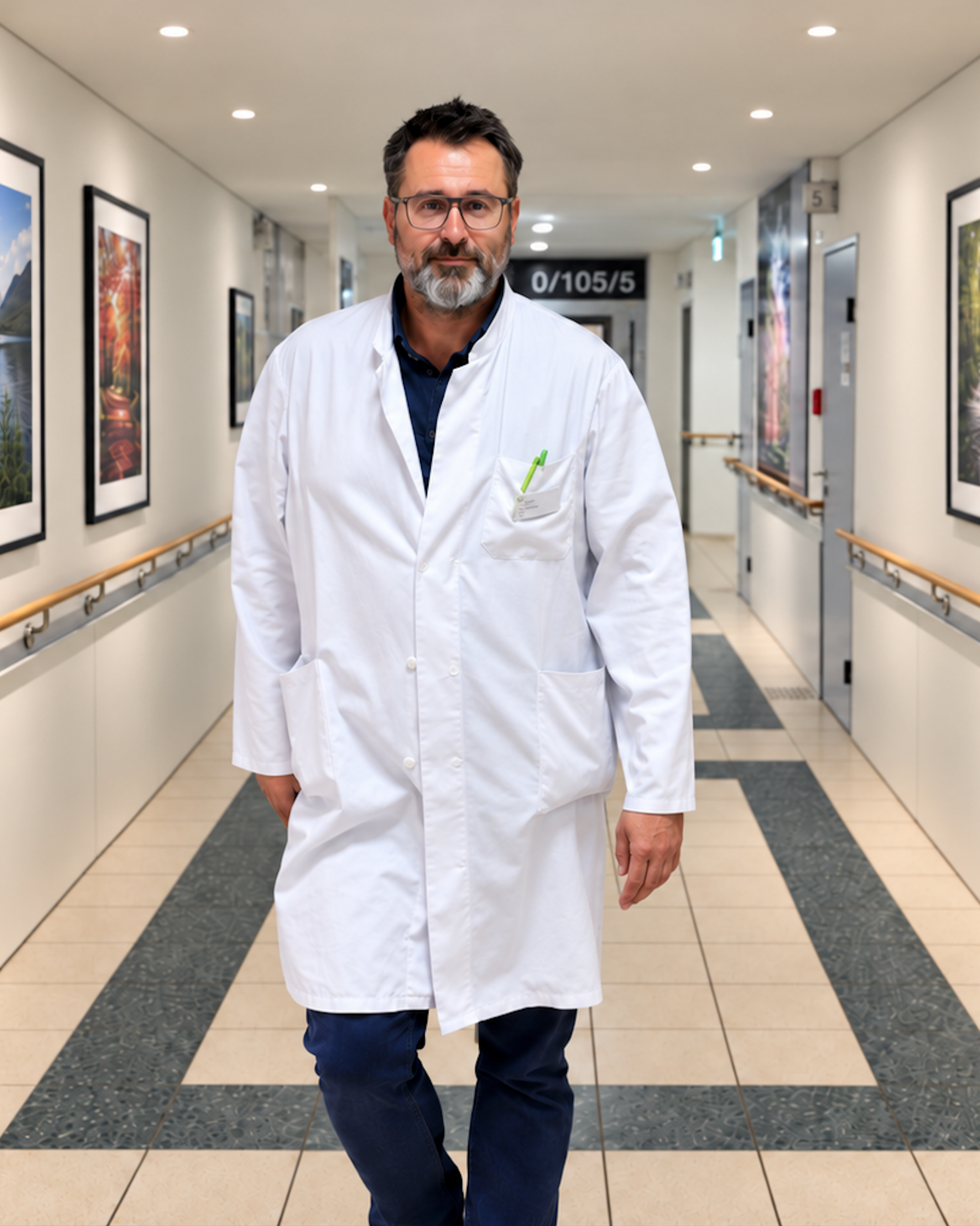 A male doctor with glasses and a beard stands in a hospital corridor wearing a white coat.