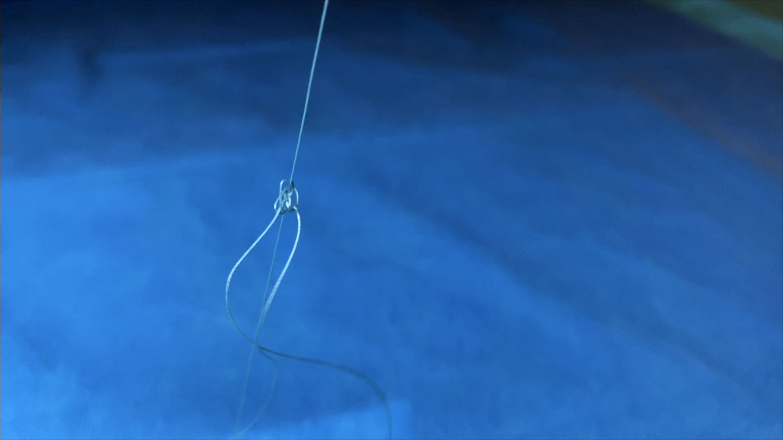 OneKnot sliding down a suture on against a blue surgical drape background.