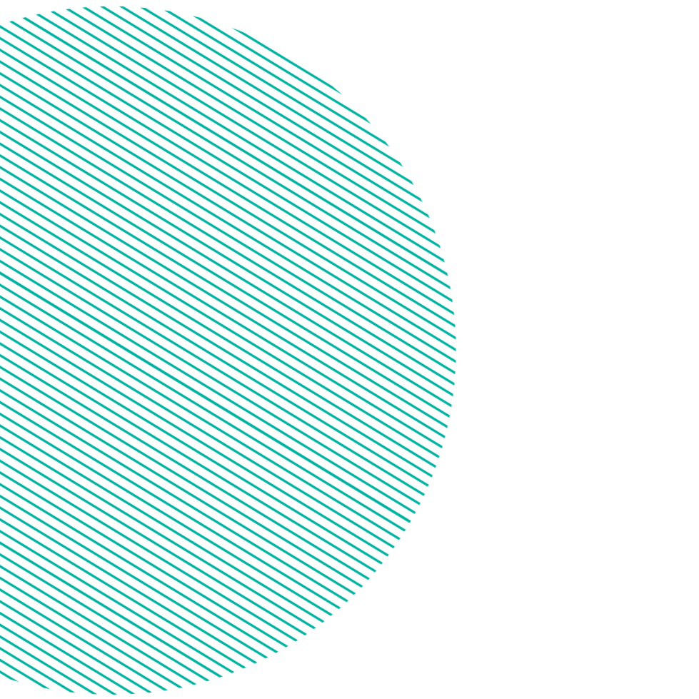 Partial view of a circle made of evenly spaced diagonal turquoise lines on a white background.