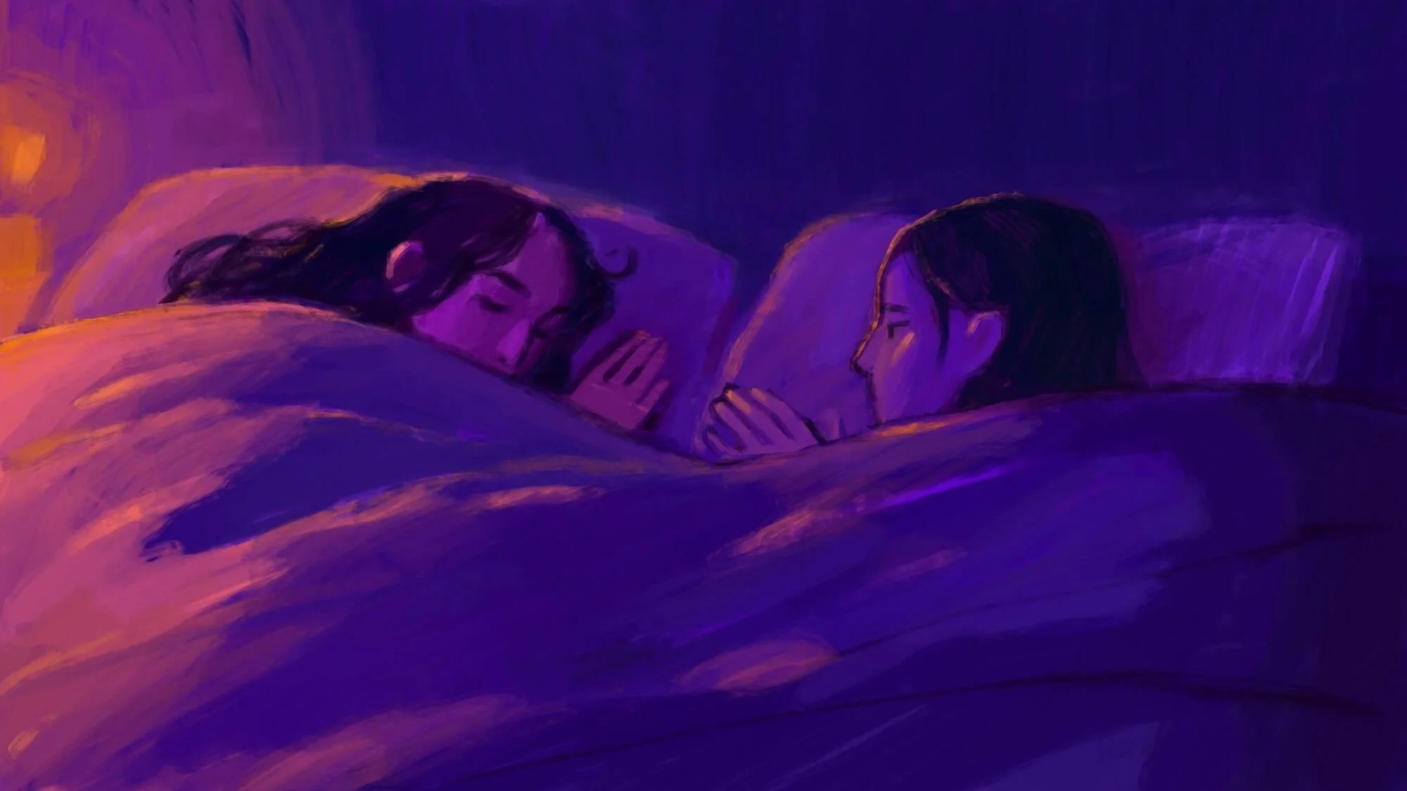 Artwork by Holly Warburton from Wavelength of two people sleeping peacefully in bed, facing each other, with their hands gently touching. The scene features warm and cool purple tones, creating a calming atmosphere.