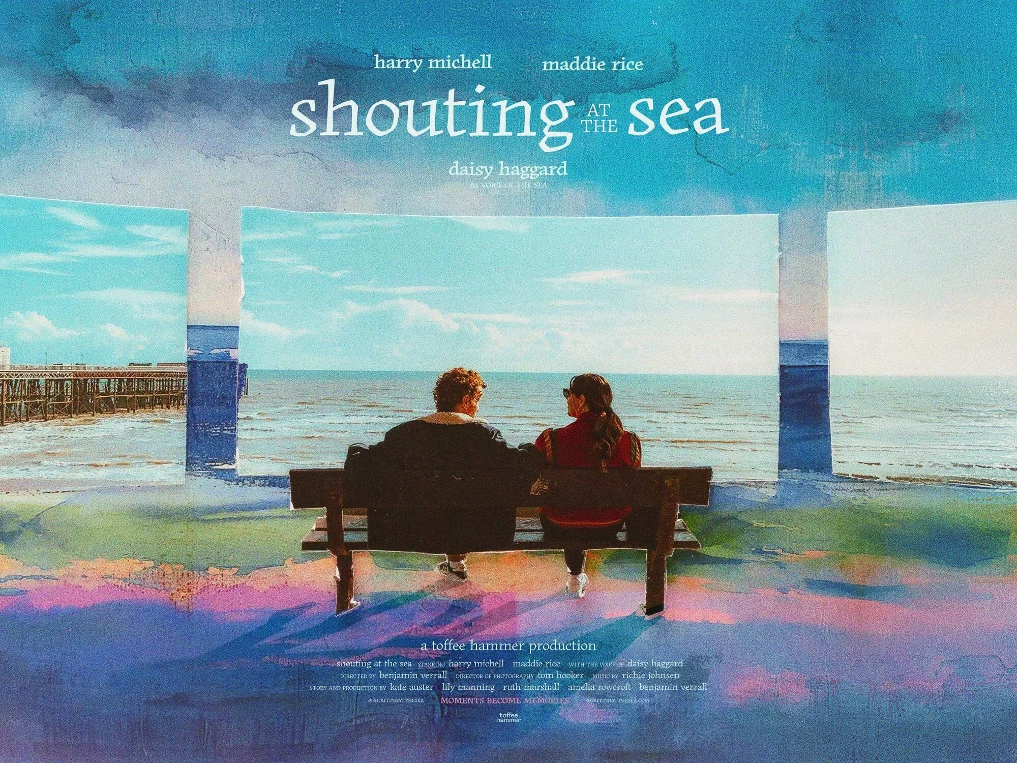 Poster for Shouting at the Sea, showing two people seated on a bench facing the sea.