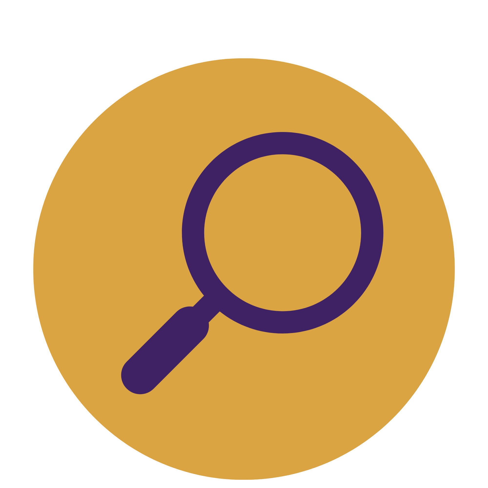 A magnifying glass icon layered over a yellow and purple circular background.