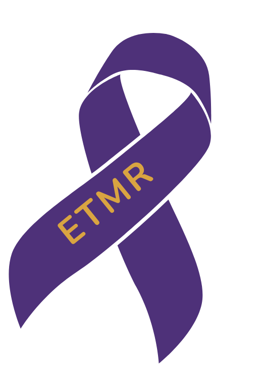 Purple ribbon with the word ETMR in gold letters, symbolizing awareness for a medical cause.