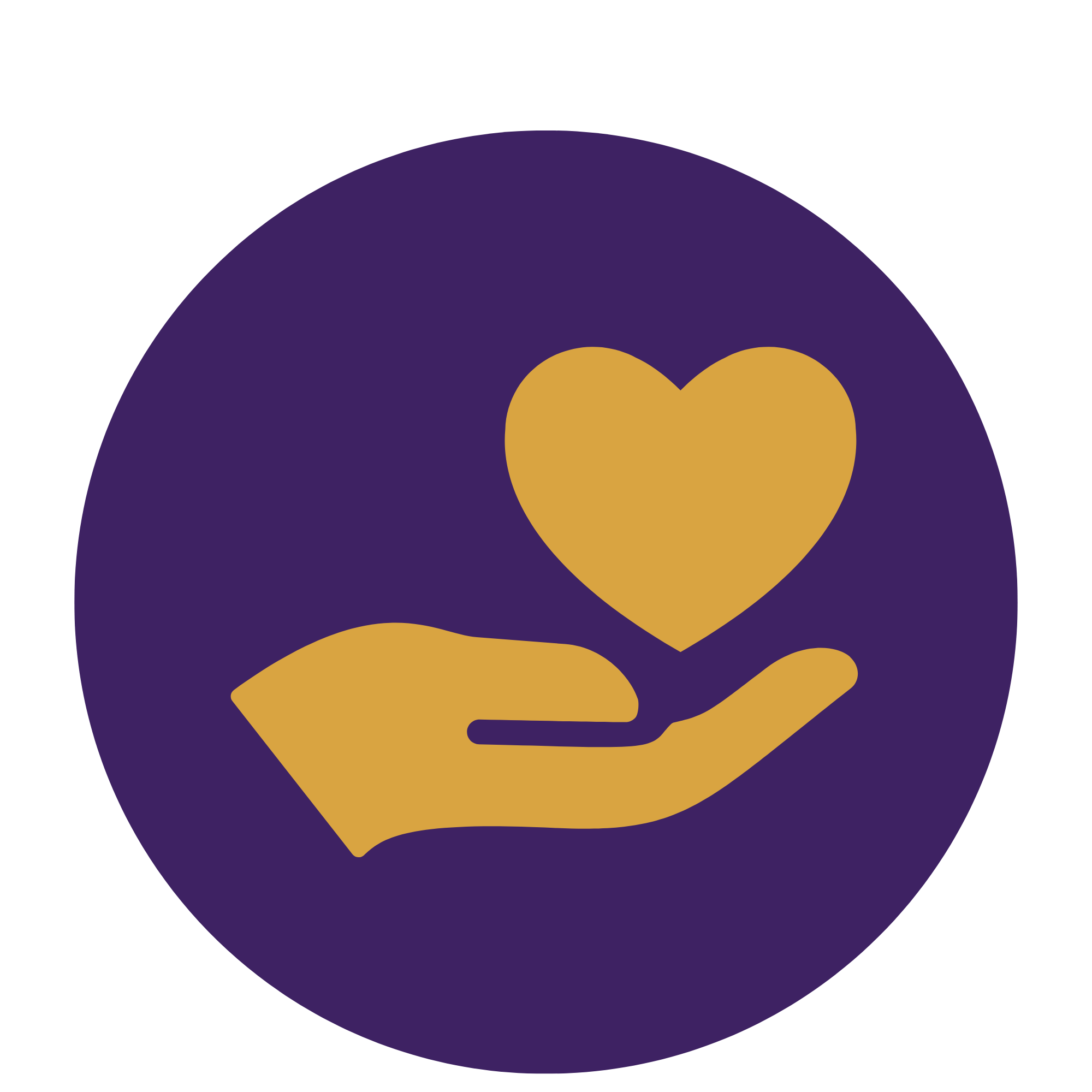 Purple circular background with gold hands holding a gold heart at the center.