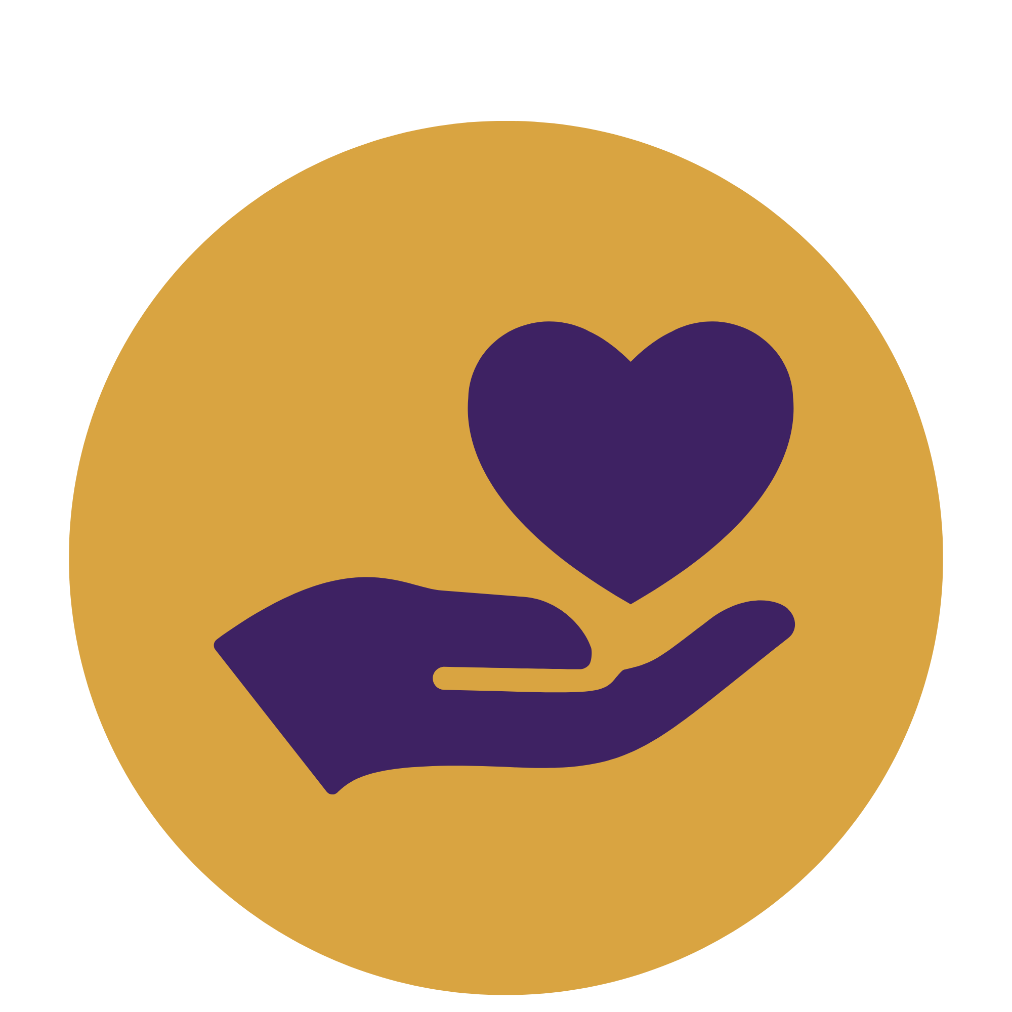 Graphic of a hand holding a heart inside a larger heart symbol on a yellow circular background.