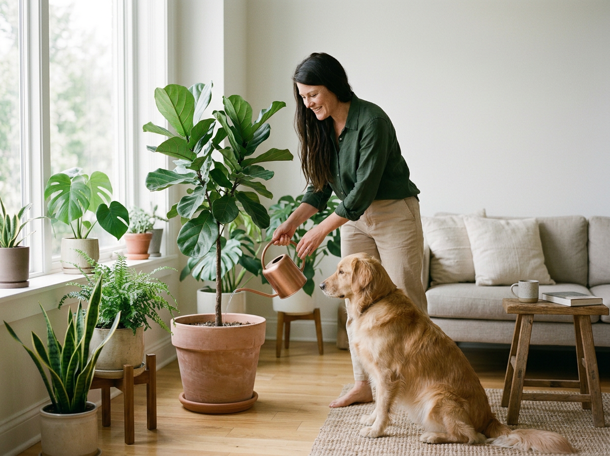 Woman watering indoor plants next to a golden retriever in a living room.