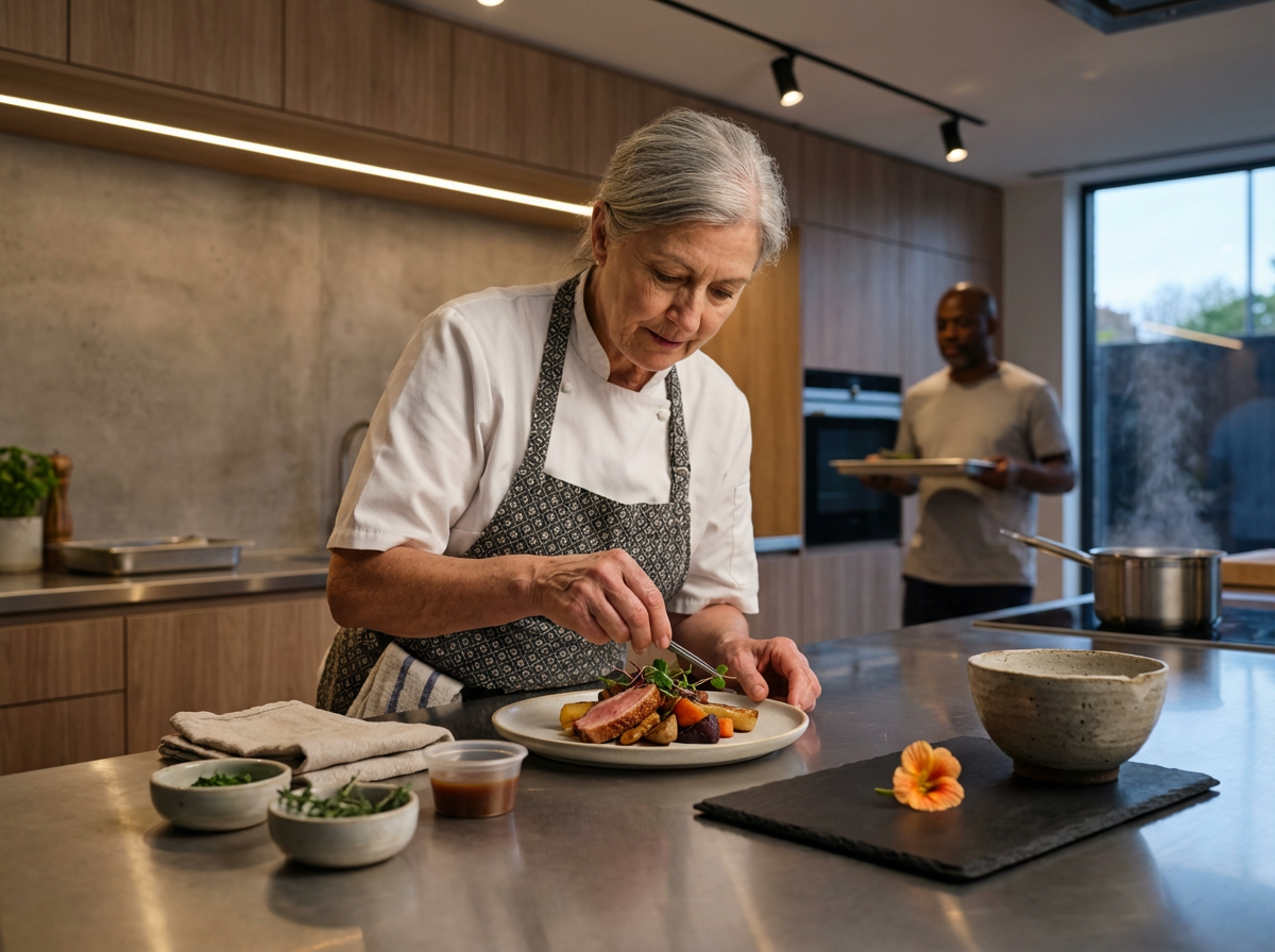 A senior woman chef garnishing a plated dish in a modern kitchen with a man watching in the background.