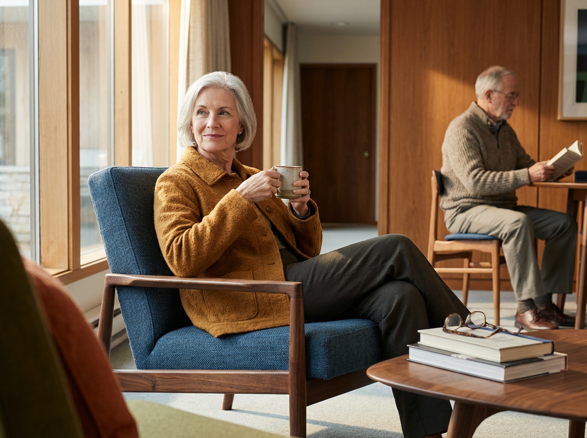 An older woman with gray hair sitting on a blue armchair, holding a mug, and looking to the side in a cozy room with wooden walls and large windows. In the background, an older man with glasses is sitting at a desk reading a book.
