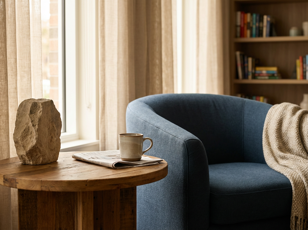 Cozy corner of a living room with a round wooden side table holding a rock sculpture, a coffee mug, and a newspaper. A blue armchair with a beige blanket is positioned next to a window with cream curtains, and a bookshelf filled with books is in the background.