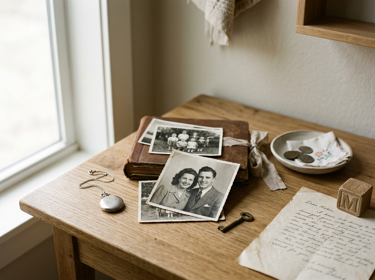 A wooden table by a window holds vintage photographs, a key, a small dish with coins and a cloth, a letter, and a wooden block with the letter 'M'.