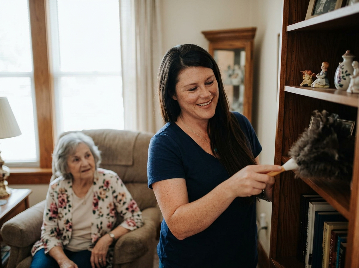 A woman dusts a wooden bookshelf in a cozy living room, with an elderly woman sitting in a beige armchair nearby.