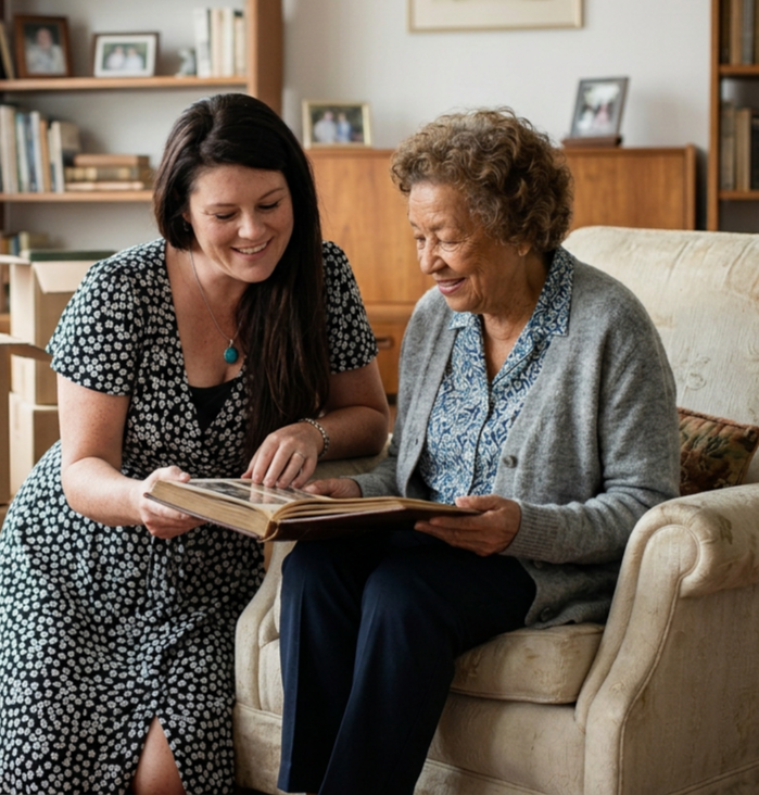 A young woman and an elderly woman sitting on a beige sofa, looking at a photo album together and smiling in a living room decorated with family photos.