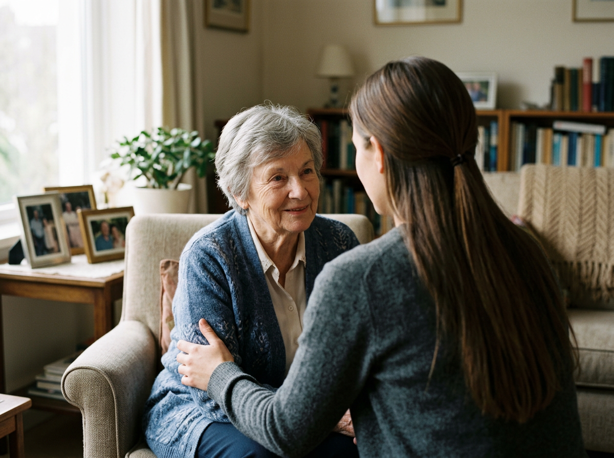 young woman showing companionship to a senior in her own home
