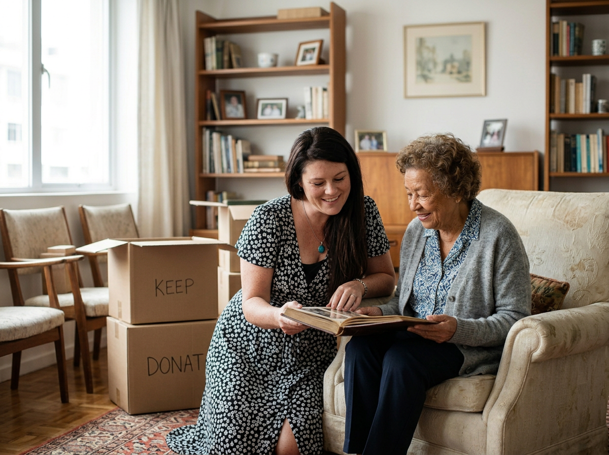 A young woman and an elderly woman are looking at a photo album together in a living room. There are boxes labeled 'KEEP' and 'DONATE' nearby, indicating they are organizing belongings. The room has bookshelves, framed pictures, and a large window with curtains.