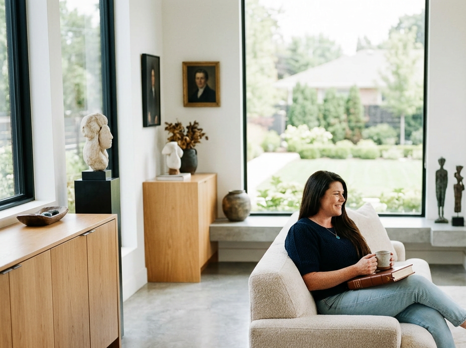 A woman with long dark hair sitting on a cream-colored sofa, smiling while holding a mug and a book, in a bright living room with large windows, art pieces, sculptures, and plants.