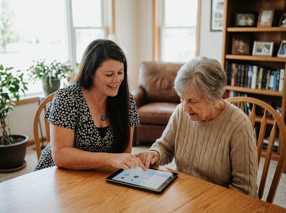 Young woman helping a senior navigate technology on a tablet