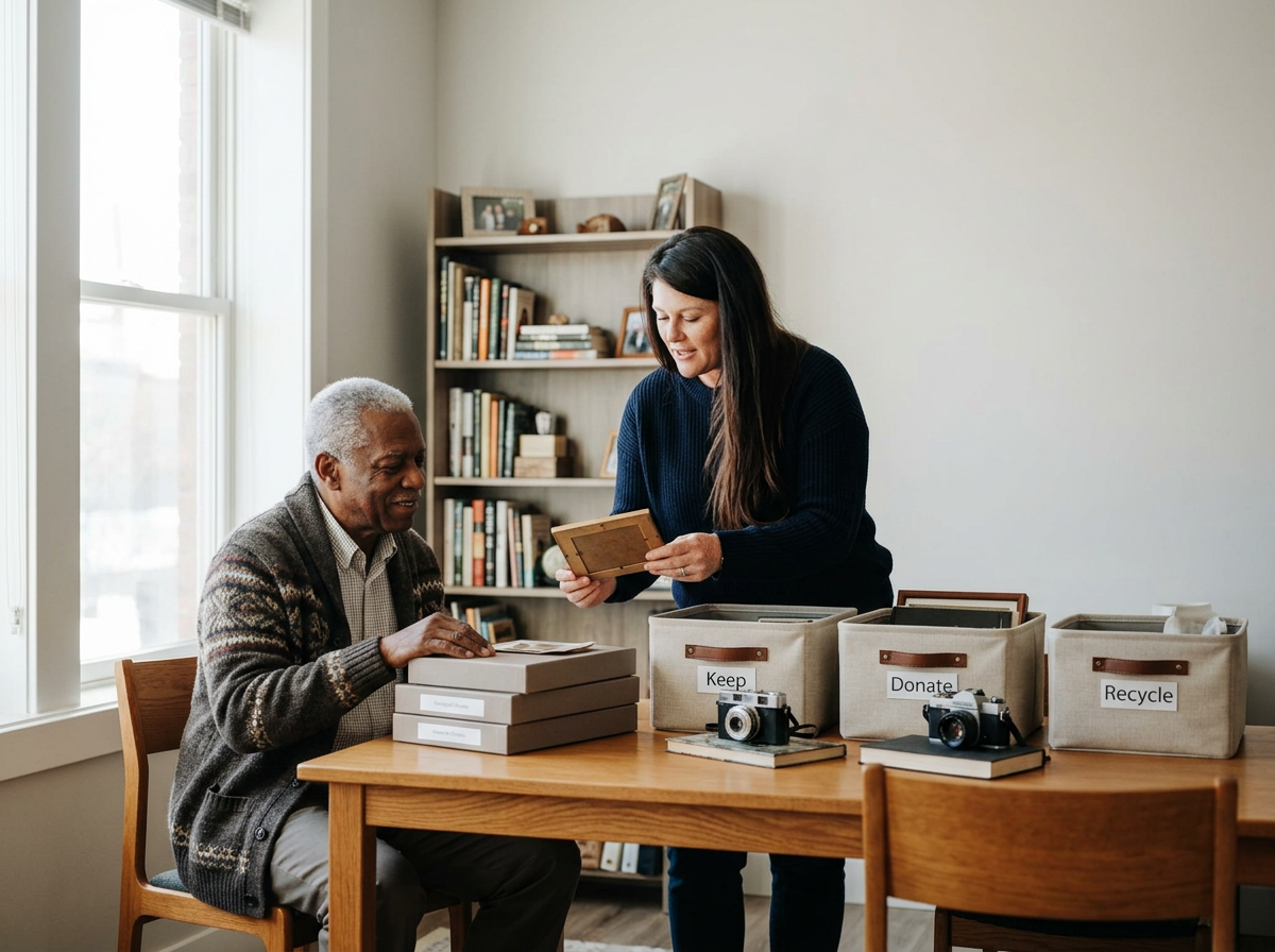 An elderly man sitting at a wooden table, looking at boxes labeled 'Keep', 'Donate', and 'Recycle', as a woman hands him a framed photo in a room with a bookshelf.