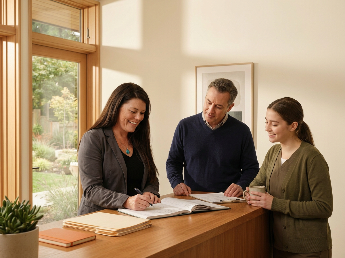 Three people, two women and one man, are standing at a wooden reception desk, looking at an open book or binder together. One woman is writing in the book, and the woman on the right is smiling while holding a mug. They are in a well-lit room with large windows, allowing natural light to fill the space.