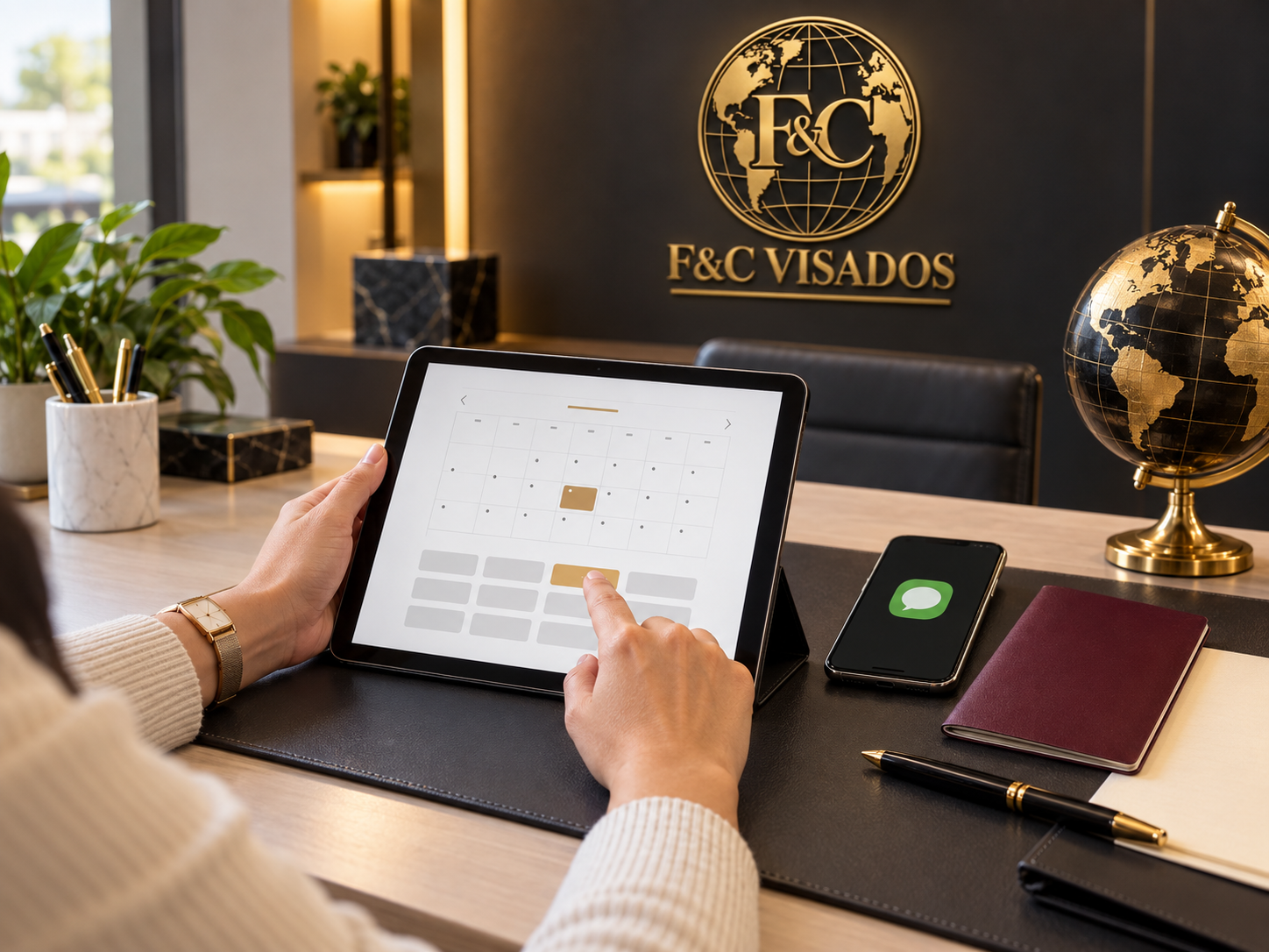 Una persona usando una tableta con un calendario digital y un teléfono móvil con mensaje de texto en un escritorio en una oficina con un logotipo de F&C Visados en la pared y un globo terráqueo de color negro y dorado.