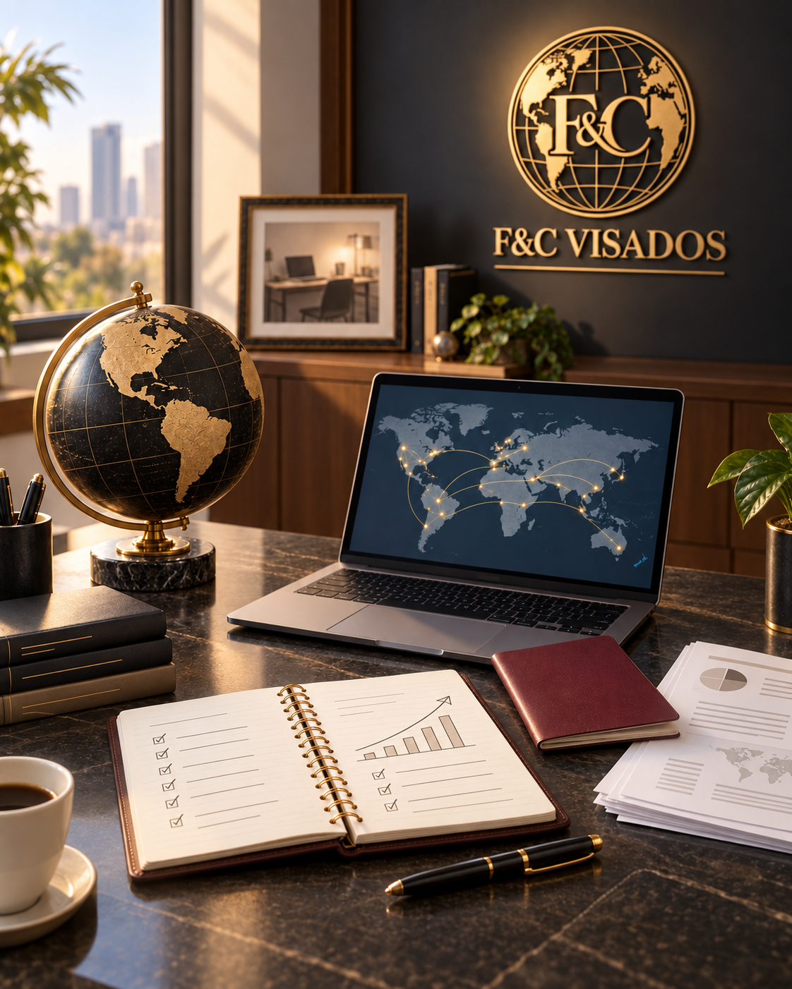 Oficina con globo terráqueo, portátil con mapa del mundo, cuaderno con gráfico ascendente, documentos con gráficos, taza de café y plantas en un escritorio, pared de fondo con logotipo de F&C Visados en letras doradas.