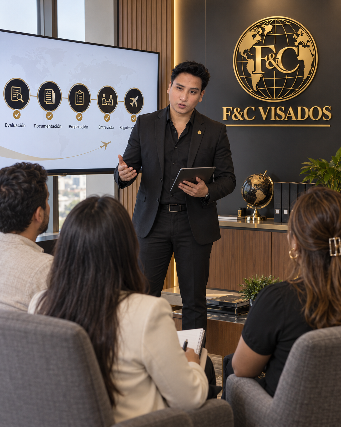 Un hombre de negocios da una presentación a un grupo de personas en una sala de reuniones con un cartel de F&C Visados y un mapa del mundo en la mesa. La pantalla muestra el proceso de solicitud de visa.