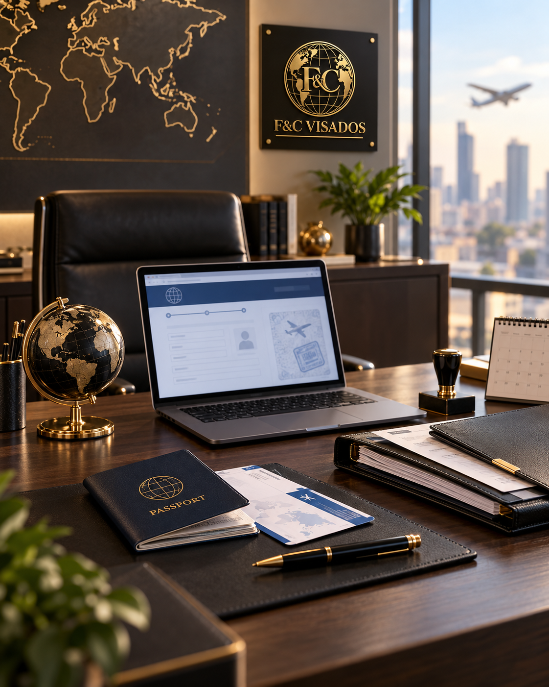 Oficina moderna con escritorio de madera, portátil abierto, pasaporte, tarjeta de embarque, bolígrafo, y globos terráqueo en un entorno de oficina con mural de mapa mundial y vista a la ciudad con rascacielos y avión en vuelo.