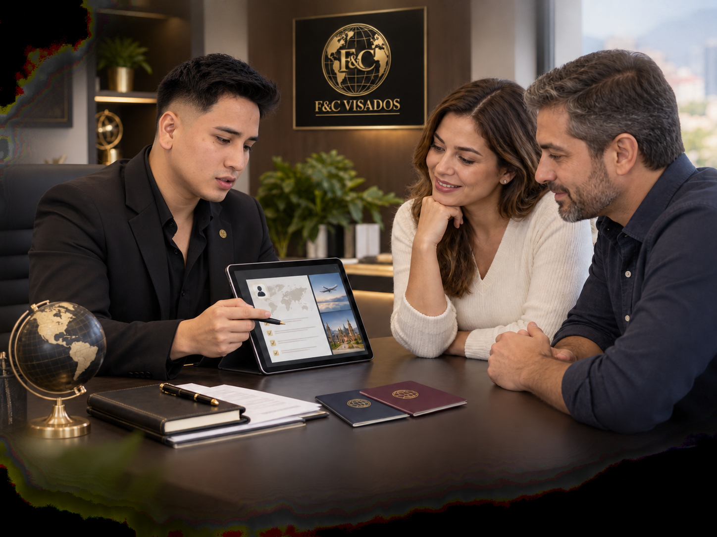 Un hombre explica información en una tableta digital a una pareja en una oficina de viajes o consultoría, con el logo de 'F&C Visados' en el fondo.