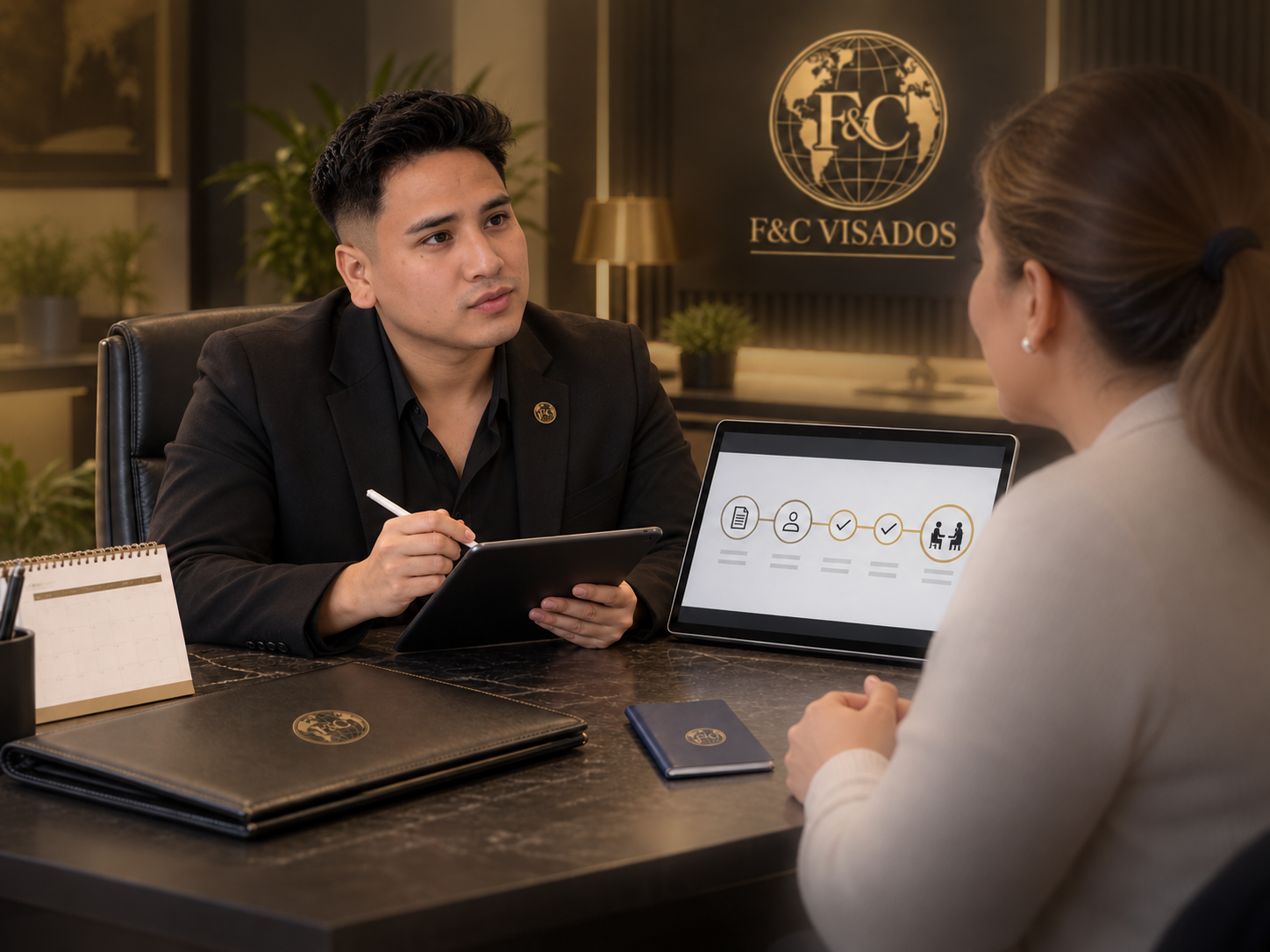 Hombre en reunión empresarial con mujer, en oficina elegante con logo de "F&C Visados" en el fondo, mostrando un diagrama de proceso en una tablet y una computadora portátil.