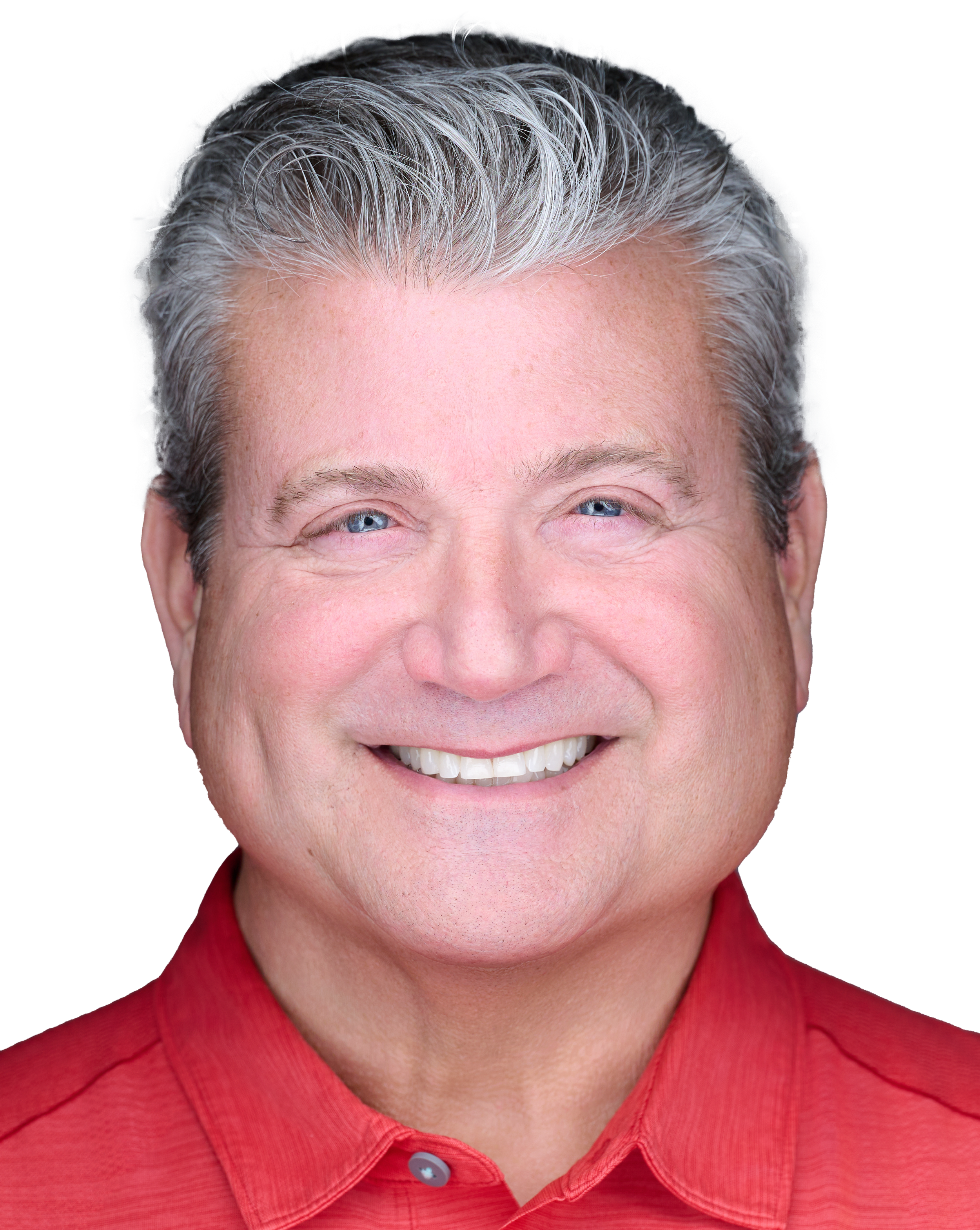 Close-up of a smiling middle-aged man with gray hair, wearing a red collared shirt.