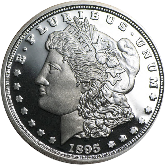 Close-up of an 1895 silver coin featuring a profile of Lady Liberty with a crown of stars and a scroll labeled 'Liberty' in her hair, surrounded by stars and the inscription 'E Pluribus Unum'.