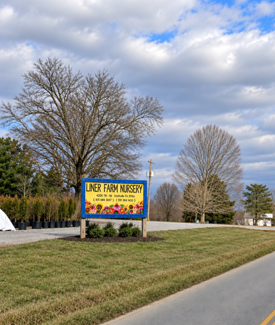 Sign for Liner Farm Nursery with contact information, surrounded by mulched plants, leafless trees, and cloudy sky in the background.