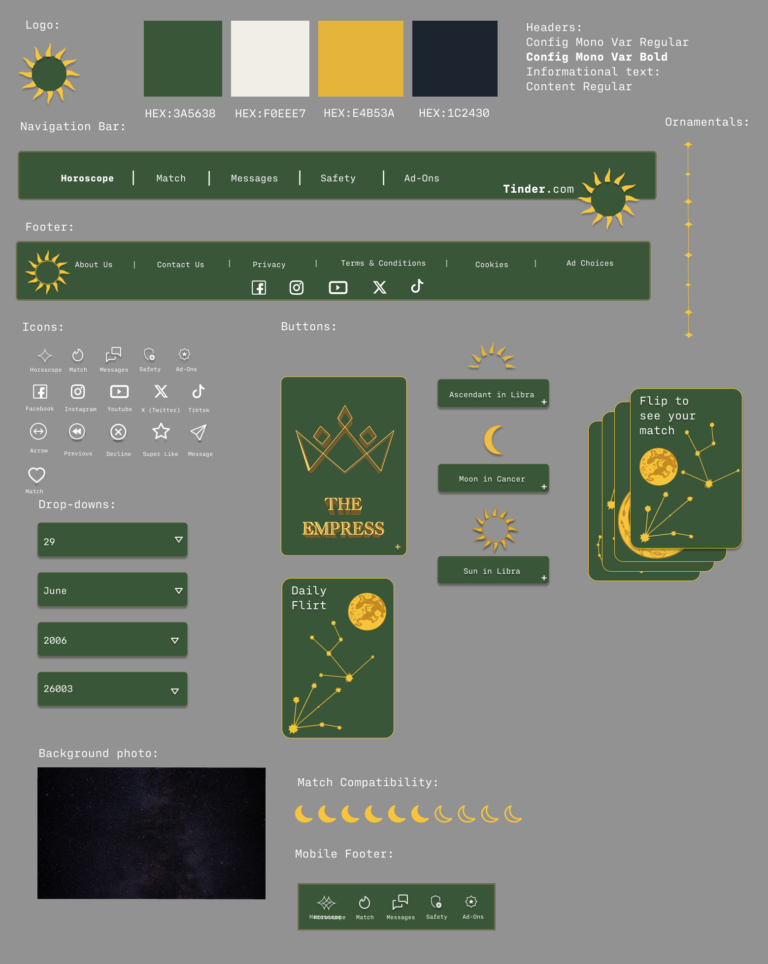A digital design mockup resembling a social media app interface with a astrology theme. The background is grey with various elements including a starry night sky image, horoscope navigation bar, footer with links, and icons for social media. The color palette features dark green, white, gold, and dark navy. Components are labeled with placeholder text for font types, headers, informational text, and buttons.