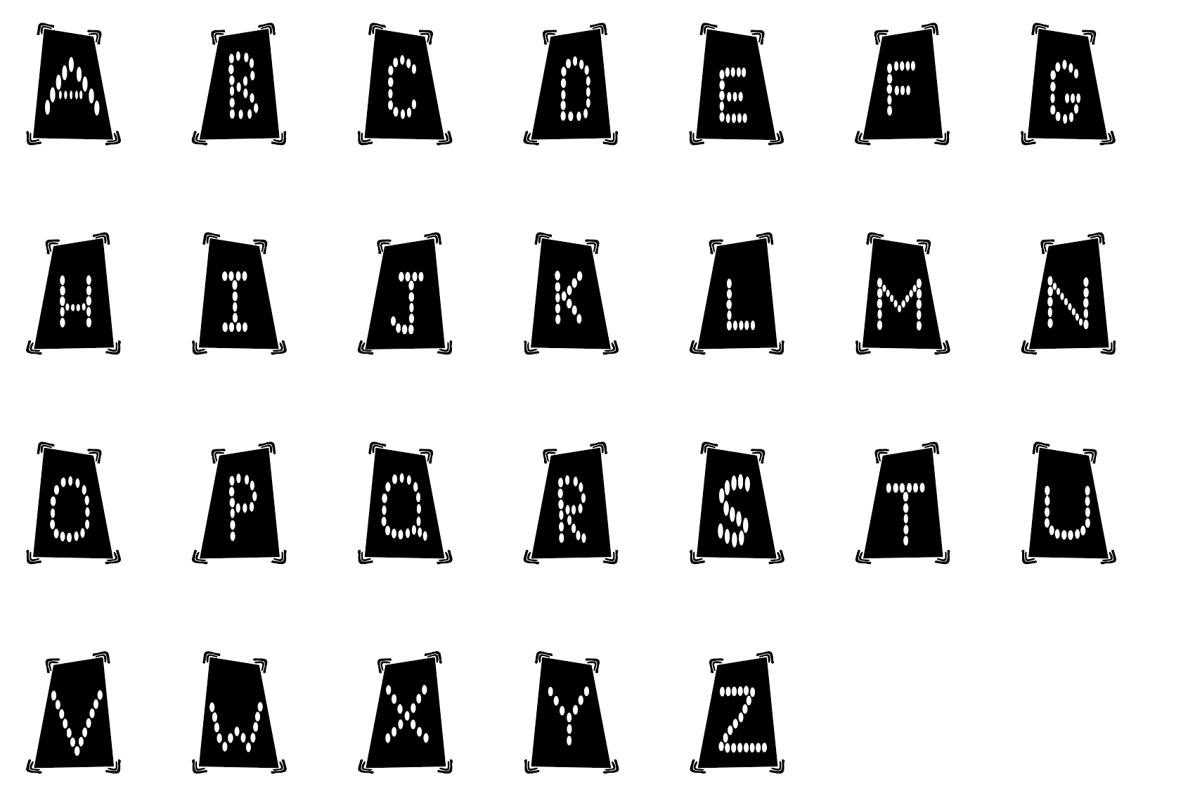 Black and white sign display with alphabetical letters from A to Z, each letter composed of dots on black backgrounds.