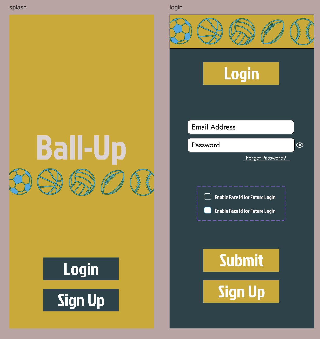 Image of a sports-themed website login and sign-up page with soccer, basketball, volleyball, football, and baseball icons, featuring sections for splash and login with input fields for email and password, and options for face ID authentication.