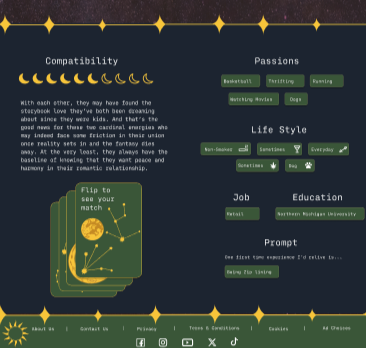A digital infographic comparing compatibility and passions, with a section on life style and job, and a prompt about relationships, featuring green and gold color themes with icons such as a basketball, traveling, running, and a dog.