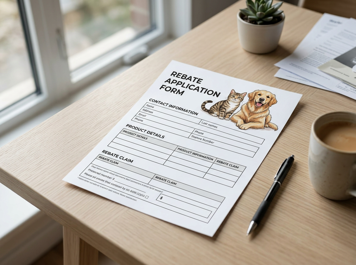 Rebate application form on a wooden table next to a pen, coffee mug, potted plant, and documents, near a window.