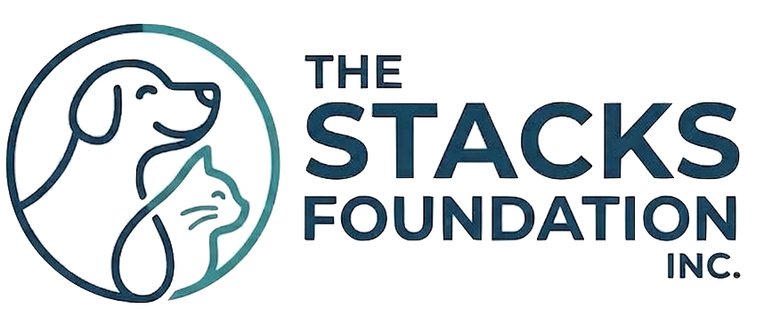 Logo for THE STACKS FOUNDATION INC. featuring a stylized dog outline inside a circle and the organization name in bold text.
