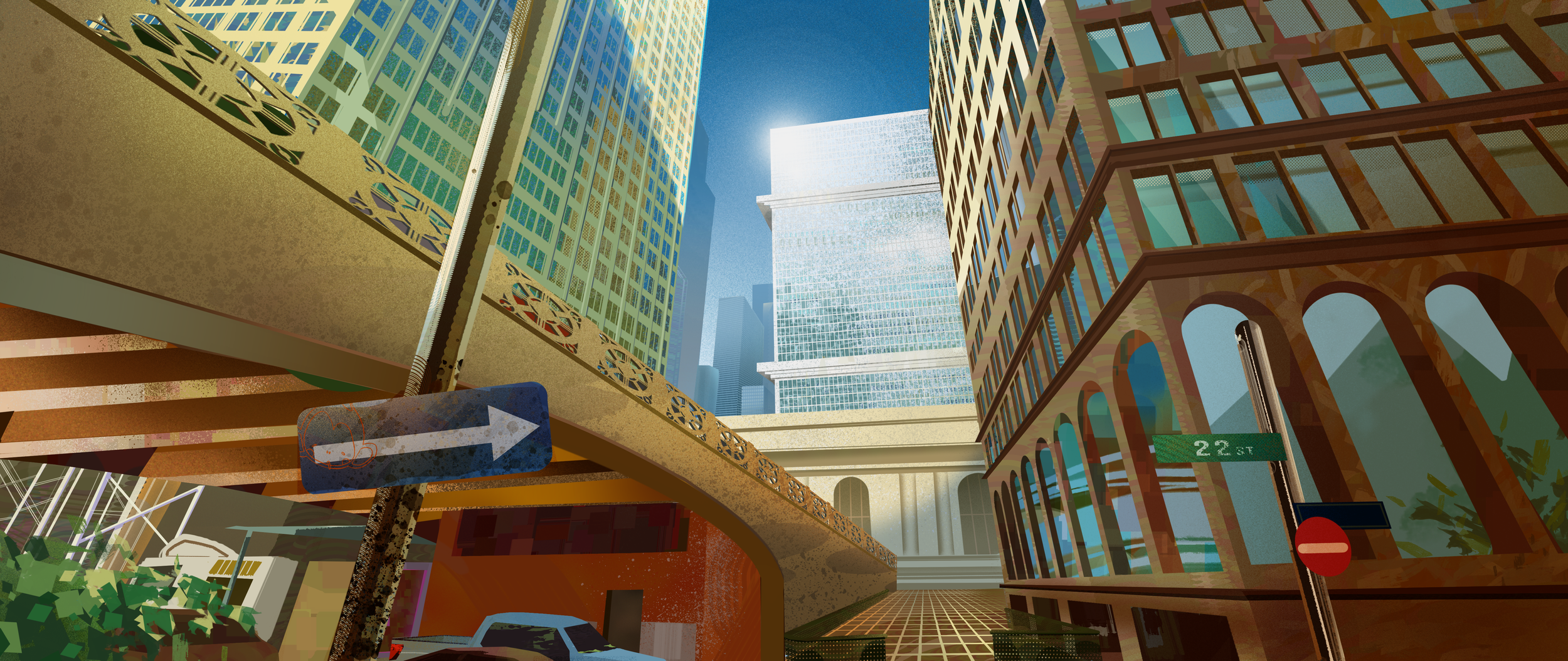 View of tall skyscrapers in a city with a bright blue sky and sunlight reflecting off the windows, taken from a low angle underneath an elevated train track.