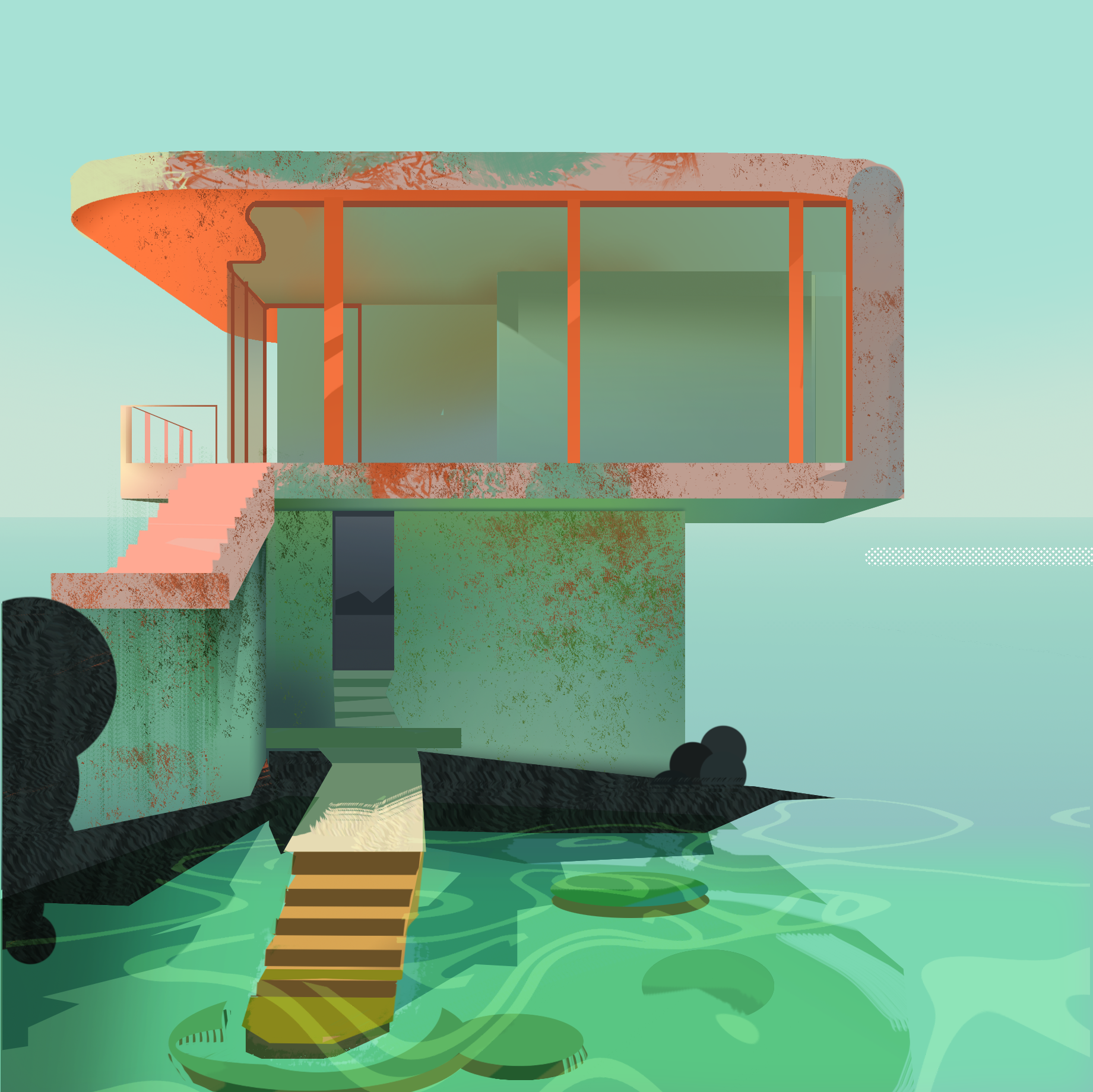 A digital illustration of a modern house on stilts above water, with a staircase leading down to the water, surrounded by a natural environment with trees and water.