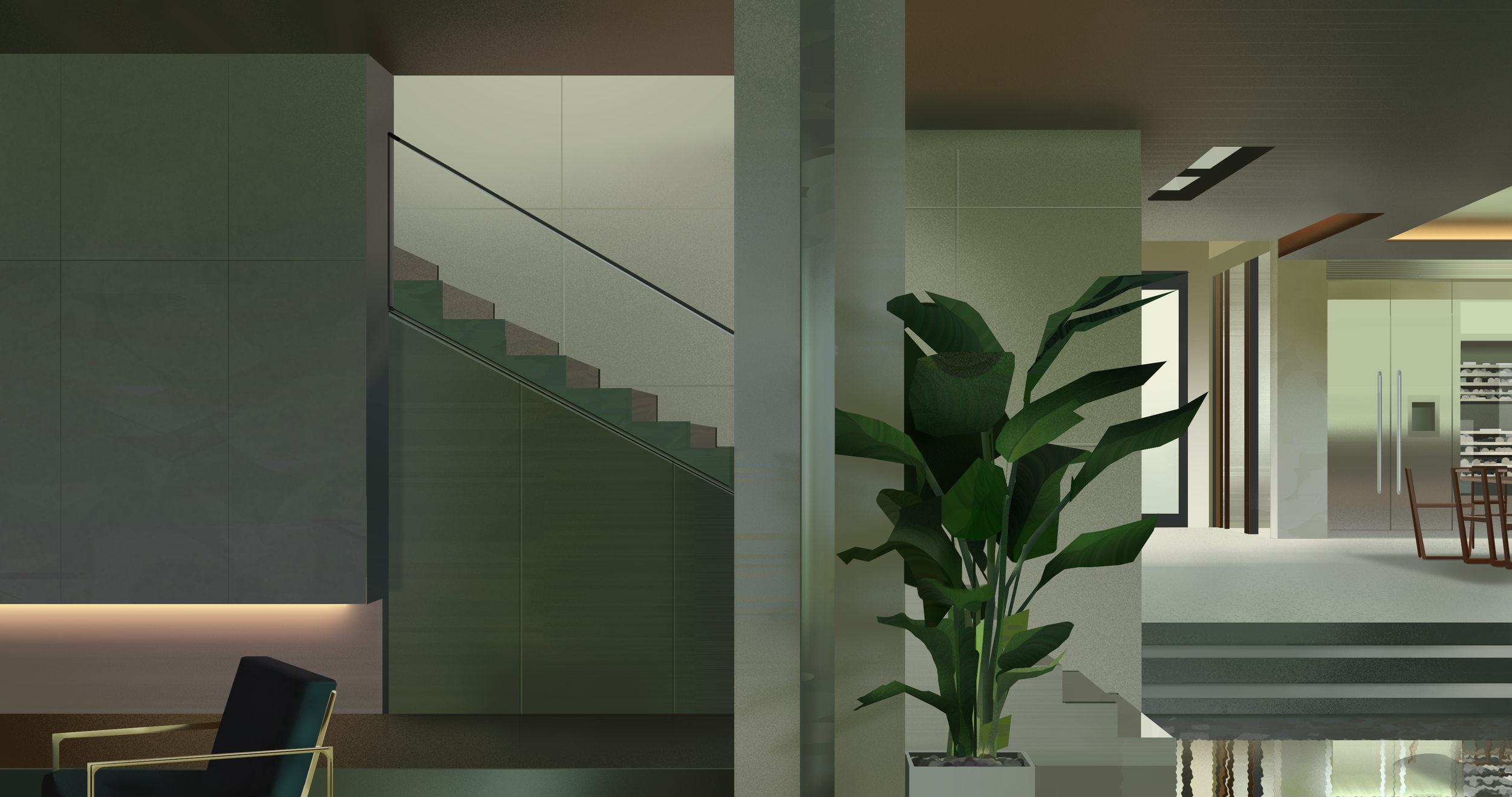 Modern interior with a staircase, green walls, large potted plant, and visible kitchen area in the background.