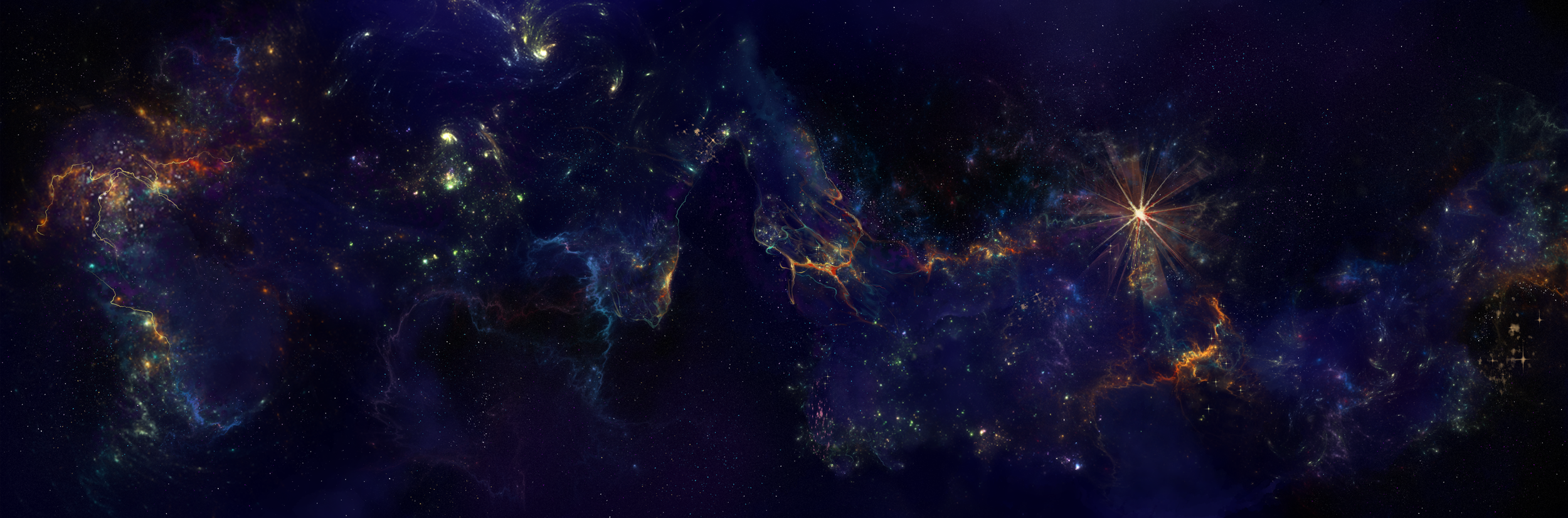 A vibrant, colorful depiction of a galaxy or nebula with bright stars, gas clouds, and cosmic dust against a dark space background.