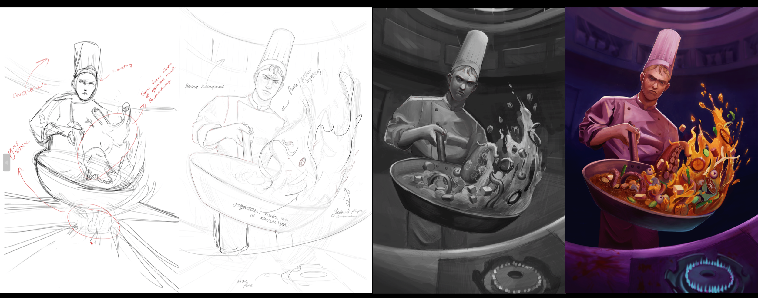 Progression of a digital painting showing a chef with a tall hat, from initial sketch on the left, through detailed grayscale, to a colorful, finished illustration of the chef cooking with a splash of food.