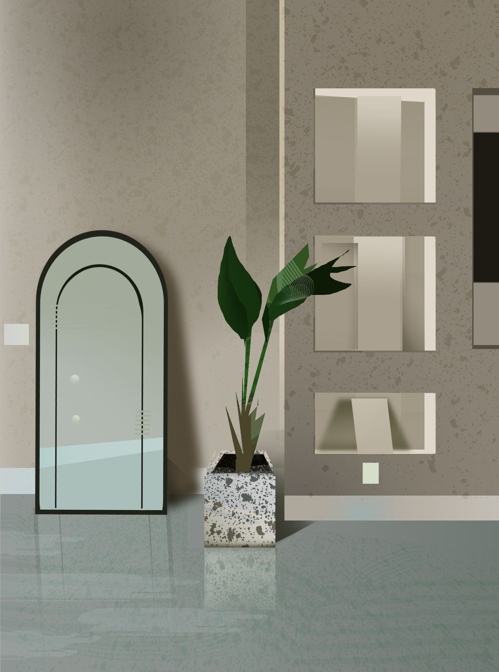 Modern indoor space with a tall leafy houseplant in a patterned pot, a tall mirror with a rounded top, and geometric wall shelves against a textured wall.