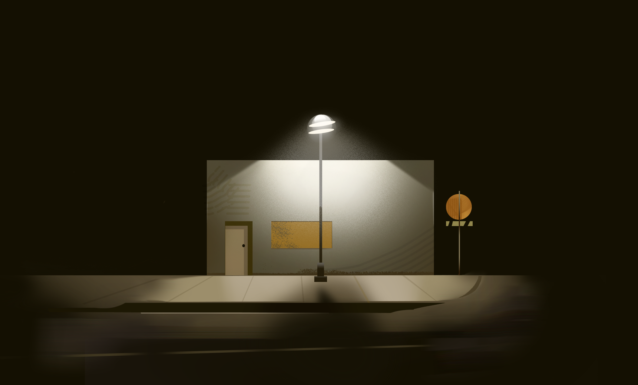 Night scene of a building with a wall, door, and decorative elements, illuminated by a street lamp against a dark sky, with a small street lamp on the right side.