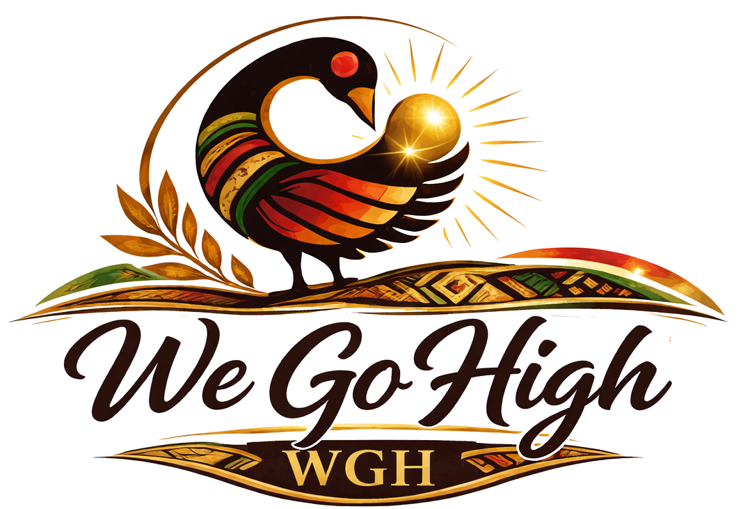 A stylized logo of a colorful bird standing on a landscape, holding a shiny golden sphere, with sun rays emanating from it. The text reads "We Go High" with the initials "WGH" below.