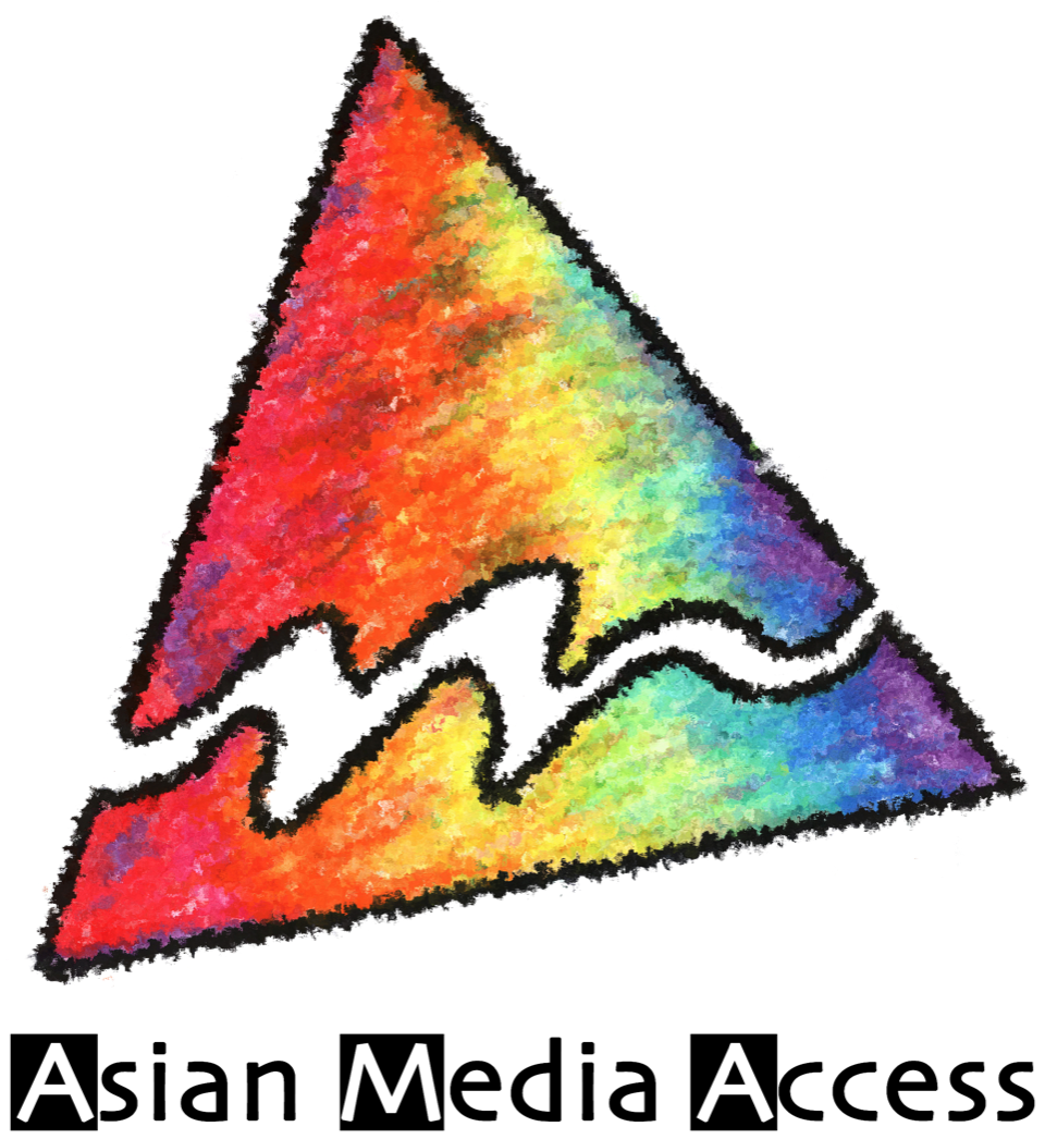 A stylized arrow icon filled with a rainbow spectrum of colors, pointing to the upper right, with the text 'Asian Media Access' below.