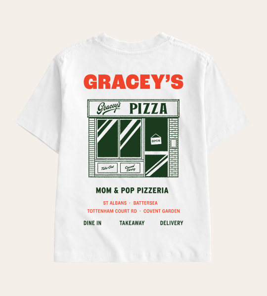 White Gracey’s Pizza T-shirt with the Mom & Pop Pizzeria shop front illustration